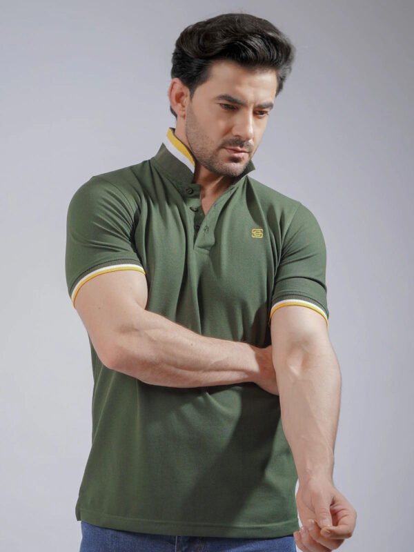 Army Green Plain Twin Contrast Half Sleeves Stretchable Cotton Polo T-Shirt (POLO-739)