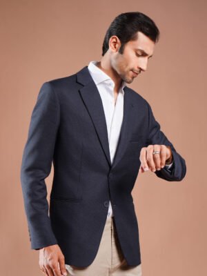 Navy Self Single-Breasted Tailored Men’s Blazer (BMF-087)