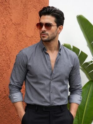 Dark Grey Self Button Down Casual Shirt (CSB-299)