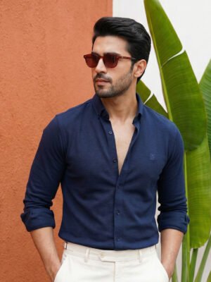 Navy Blue Self Button Down Casual Shirt (CSB-300)