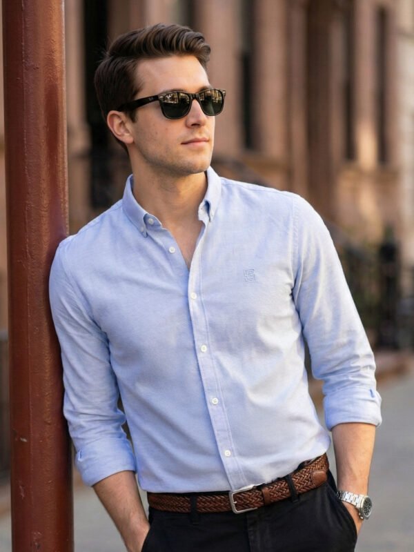 Blue Self Button Down Casual Shirt (CSB-302)