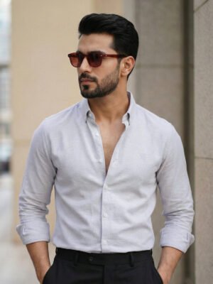 Light Grey Self Button Down Casual Shirt (CSB-304)