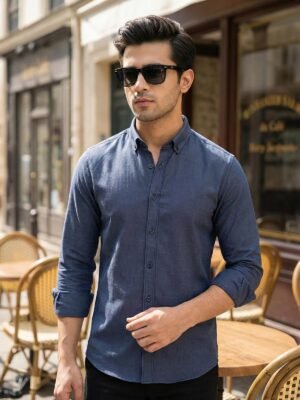 Dark Blue Self Button Down Casual Shirt (CSB-305)
