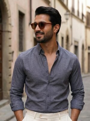 Grey Self Button Down Casual Shirt (CSB-307)