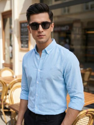 Cyan Self Button Down Casual Shirt (CSB-310)