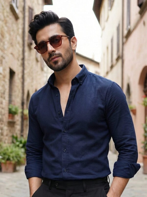 Navy Blue Self Button Down Casual Shirt (CSB-312)