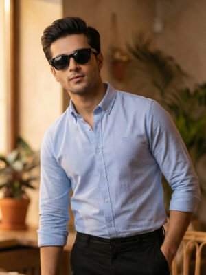 Light Blue Self Button Down Casual Shirt (CSB-314)