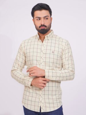 Fawn Color Check Button Down Casual Shirt (CSC-136)
