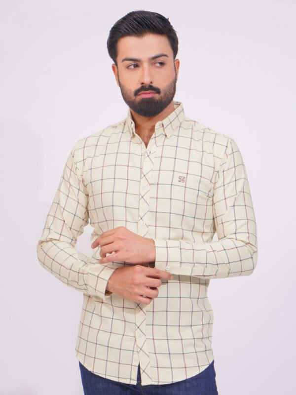 Fawn Color Check Button Down Casual Shirt (CSC-136)