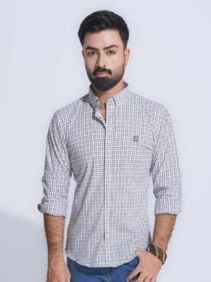 White & Beige Check Button Down Casual Shirt (CSC-342)