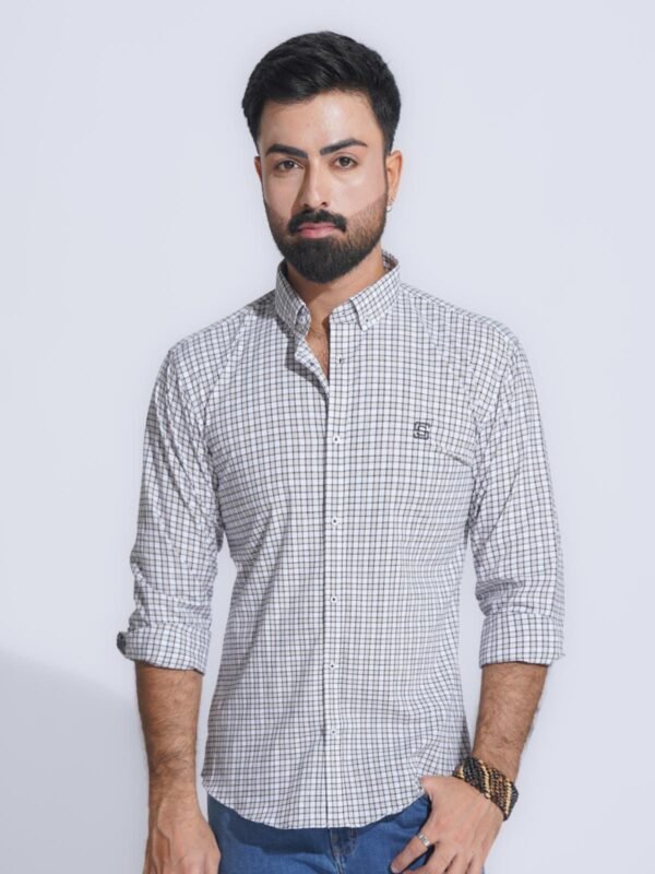 White & Beige Check Button Down Casual Shirt (CSC-342)