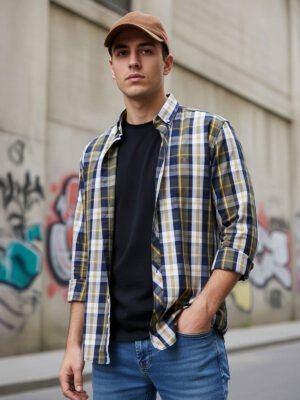White & Green Check Button Down Casual Shirt (CSC-370)