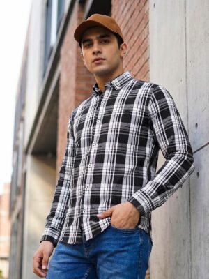 Black & White Check Button Down Casual Shirt (CSC-375)