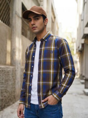 Blue & Brown Check Button Down Casual Shirt (CSC-376)