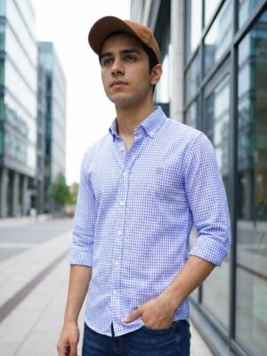 Blue & White Check Button Down Casual Shirt (CSC-377)