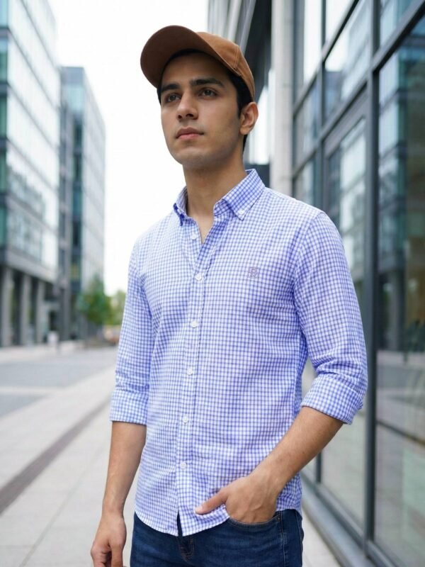 Blue & White Check Button Down Casual Shirt (CSC-377)