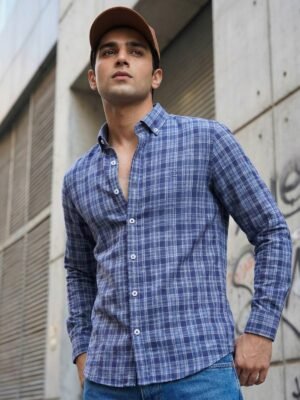 Blue Check Button Down Casual Shirt (CSC-378)