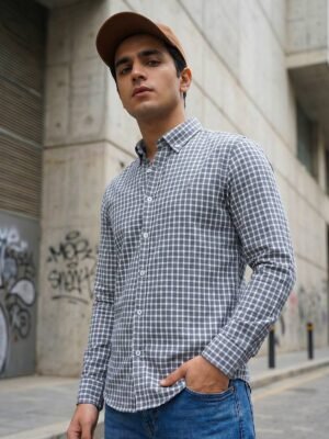 White & Grey Check Button Down Casual Shirt (CSC-380)