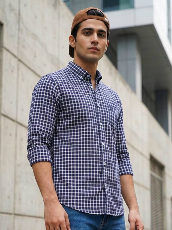 White & Blue Check Button Down Casual Shirt (CSC-381)
