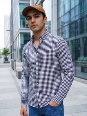 White & Blue Check Button Down Casual Shirt (CSC-382)