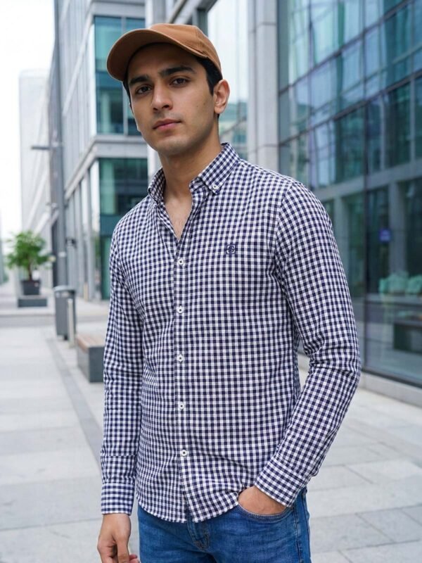 White & Blue Check Button Down Casual Shirt (CSC-382)