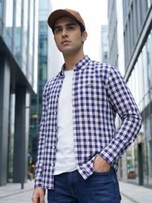 White & Blue Check Button Down Casual Shirt (CSC-384)
