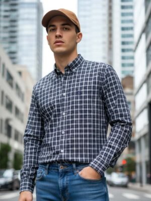 Navy & White Check Button Down Casual Shirt (CSC-388)