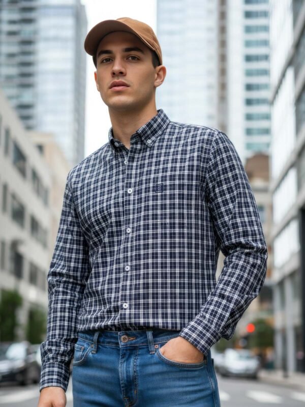 Navy & White Check Button Down Casual Shirt (CSC-388)