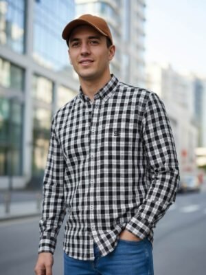 White & Black Check Button Down Casual Shirt (CSC-389)