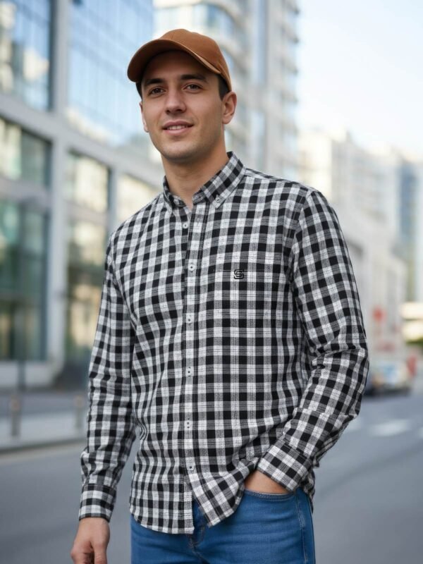 White & Black Check Button Down Casual Shirt (CSC-389)