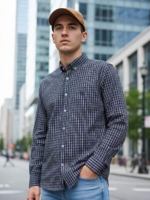 Navy & White Check Button Down Casual Shirt (CSC-390)