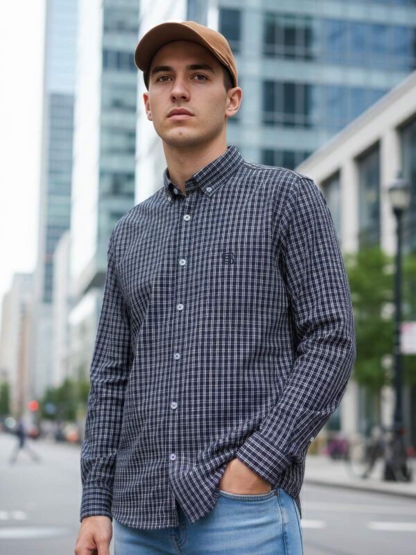 Navy & White Check Button Down Casual Shirt (CSC-390)