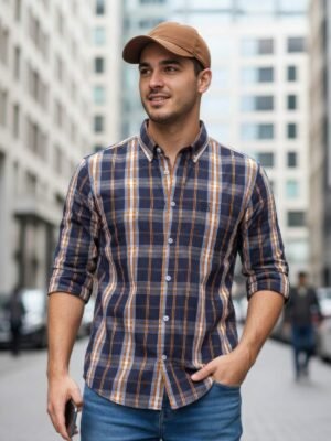 Navy Blue Check Button Down Casual Shirt (CSC-393)
