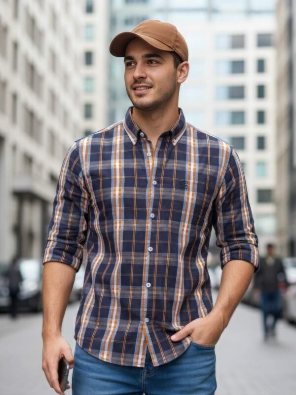 Navy Blue Check Button Down Casual Shirt (CSC-393)