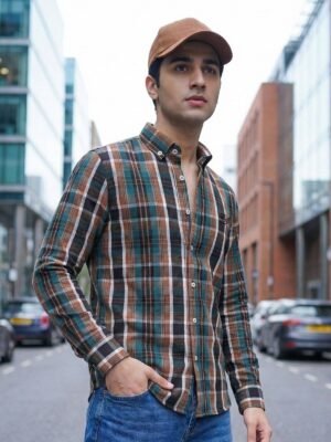 White & Brown Check Button Down Casual Shirt (CSC-395)
