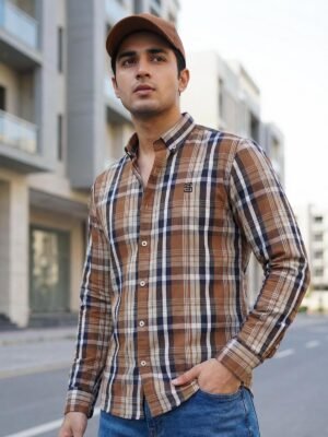 Blue & Brown Check Button Down Casual Shirt (CSC-397)