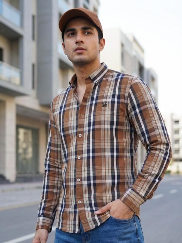 Blue & Brown Check Button Down Casual Shirt (CSC-397)