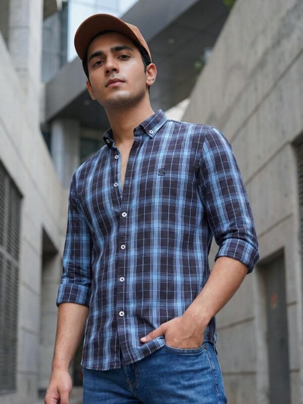 Black & Blue Check Button Down Casual Shirt (CSC-401)