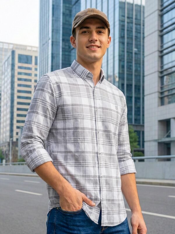 White & Grey Check Button Down Casual Shirt (CSC-404)