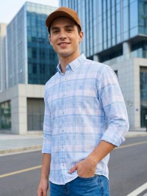 White & Blue Check Button Down Casual Shirt (CSC-405)