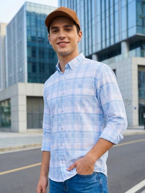 White & Blue Check Button Down Casual Shirt (CSC-405)