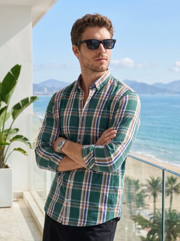 Green & White Check Button Down Casual Shirt (CSC-417)