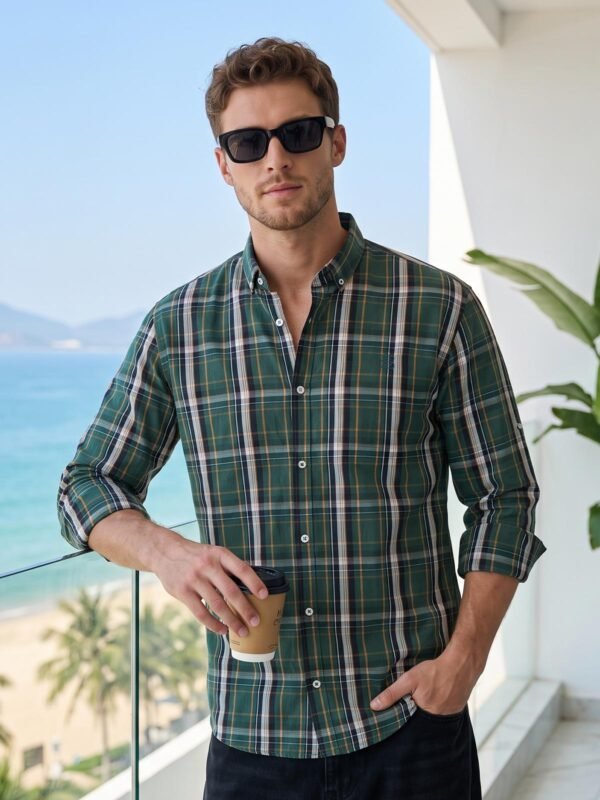 Green & Black Check Button Down Casual Shirt (CSC-418)