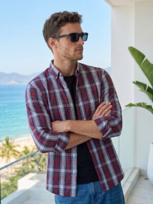Black & Maroon Check Button Down Casual Shirt (CSC-422)