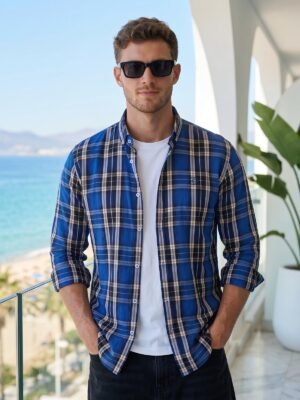 Black & Blue Check Button Down Casual Shirt (CSC-423)