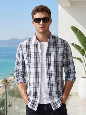 White & Black Check Button Down Casual Shirt (CSC-424)