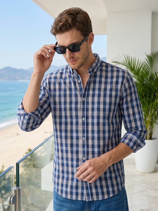 White & Teal Check Button Down Casual Shirt (CSC-425)