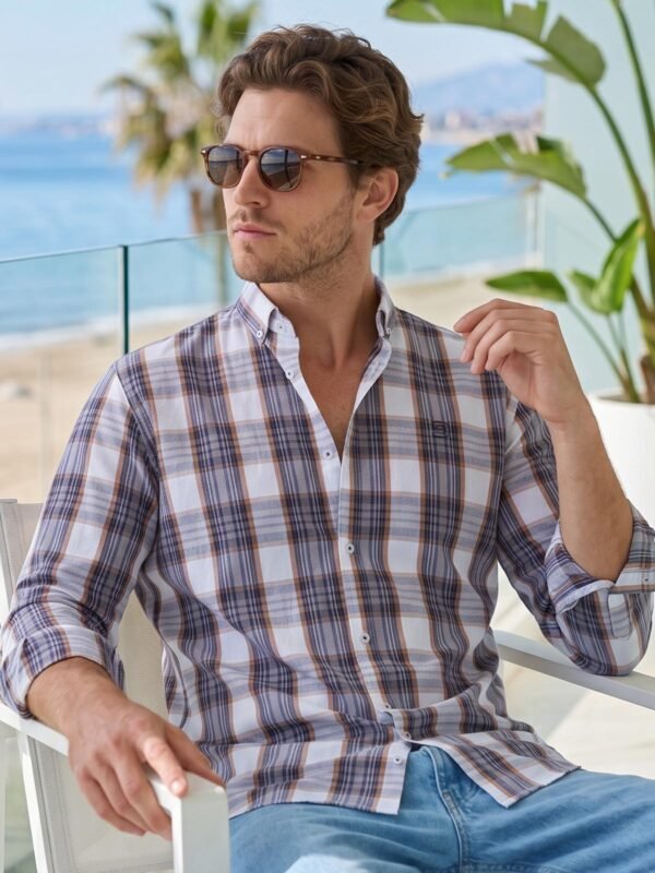 White & Blue Check Button Down Casual Shirt (CSC-428)