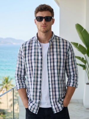 Blue & Green Check Button Down Casual Shirt (CSC-429)