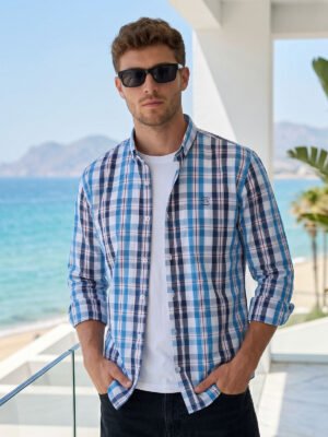 Blue & White Check Button Down Casual Shirt (CSC-431)